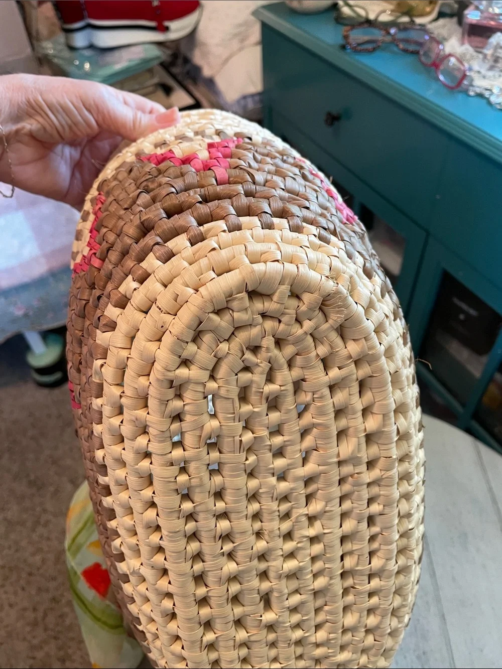 Woven Straw Tote Bag with Pink Accent and scarf